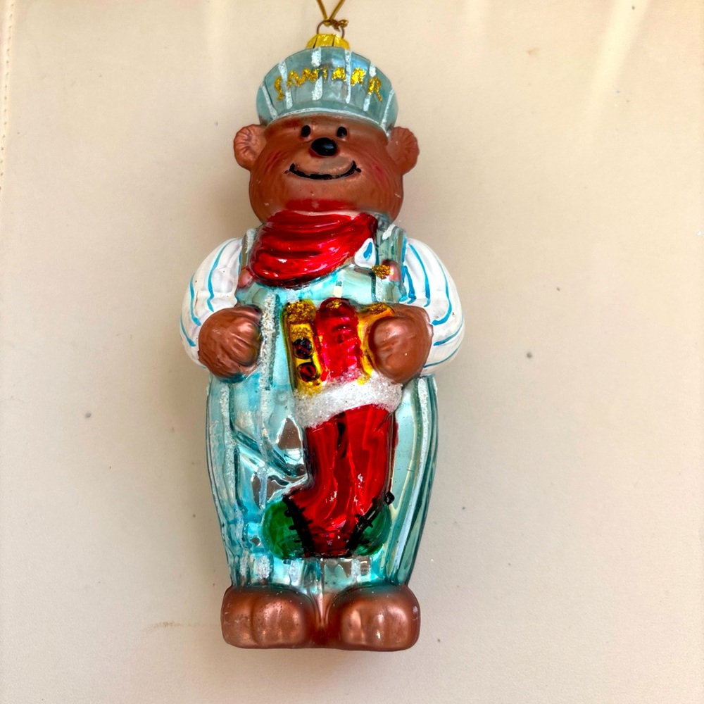 Teddy Bear Glass Christmas Tree Ornament Blue Overalls & Hat 6.5" Railroad
